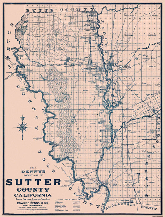 Historic County Map - Sutter County California - Denny 1913 - 23 x 30.19 - Vintage Wall Art