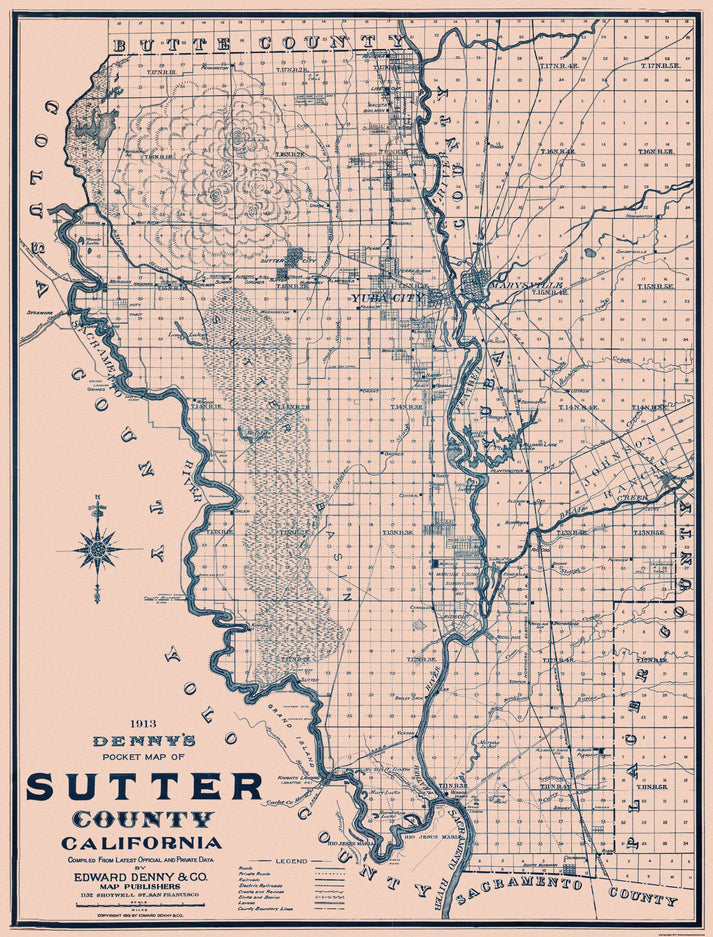 Historic County Map - Sutter County California - Denny 1913 - Vintage ...