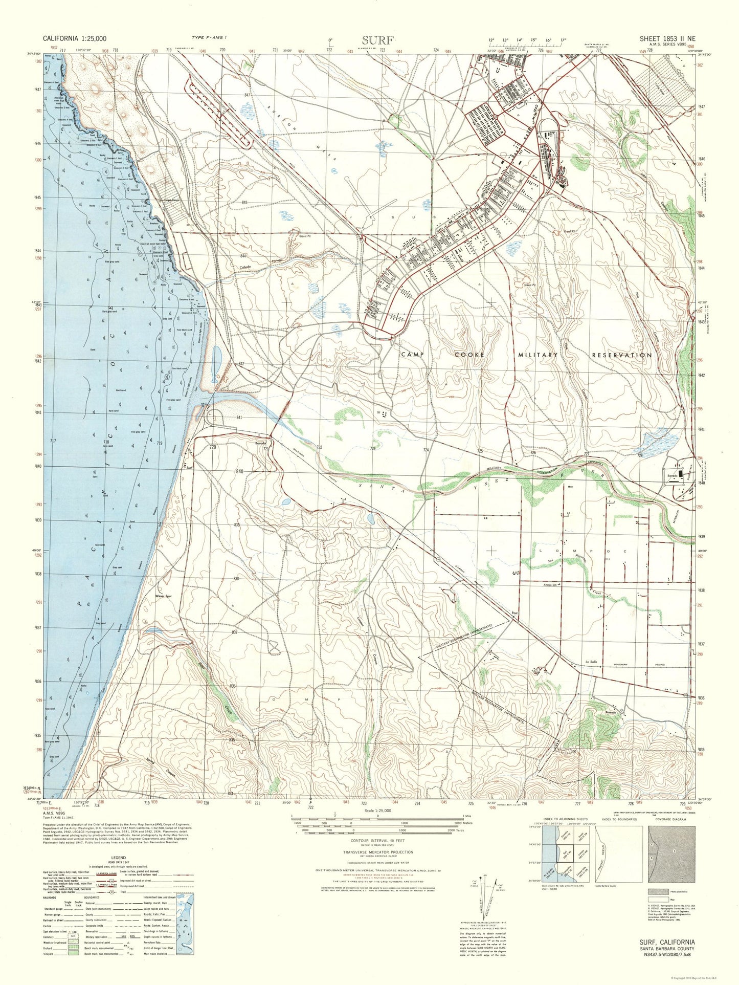 Topographical Map - Surf Sheet - US Army 1947 - 23 x 30.63 - Vintage Wall Art