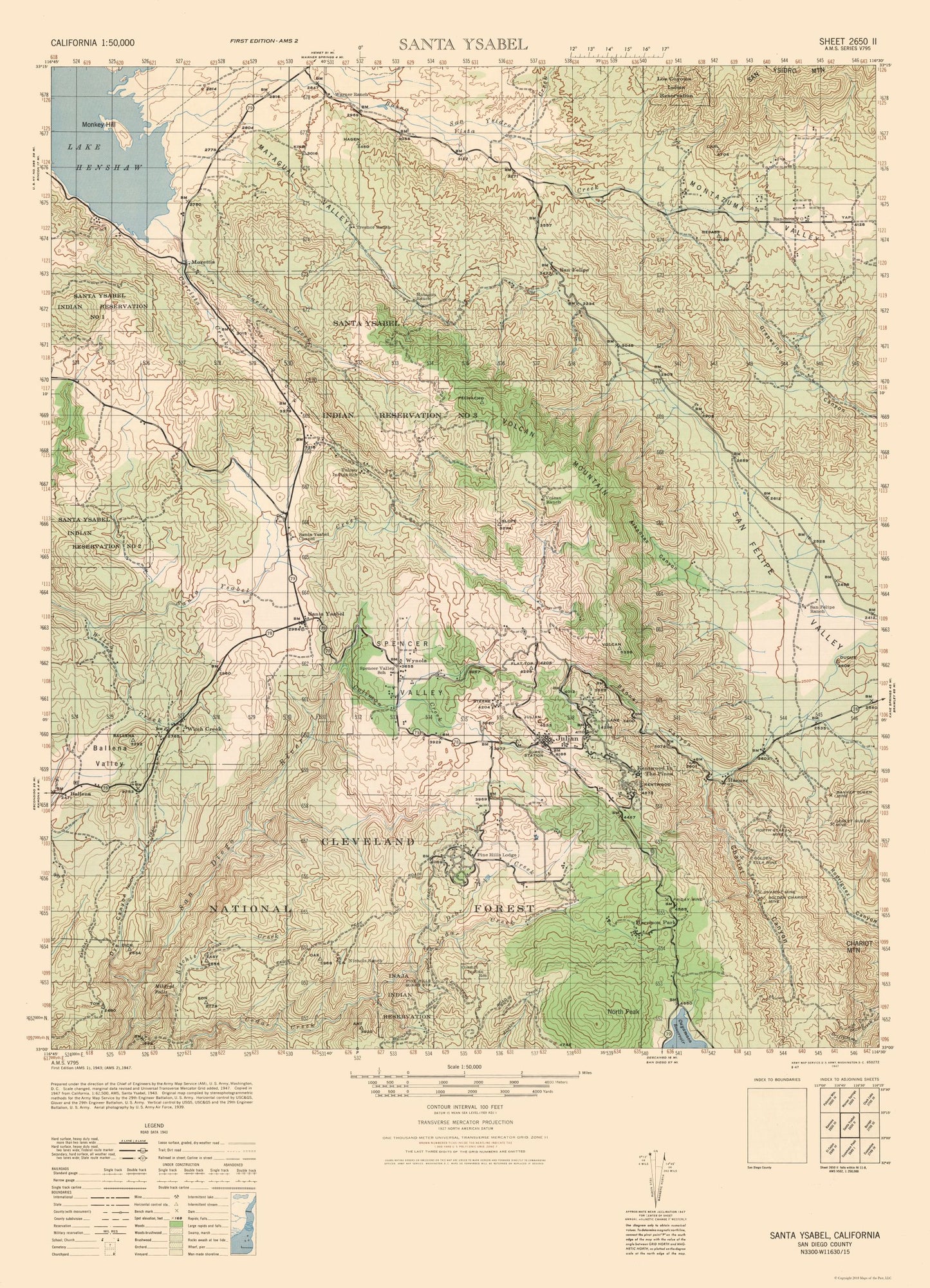 Topographical Map - Santa Ysabel Sheet - US Army 1943 - 23 x 31.87 - Vintage Wall Art