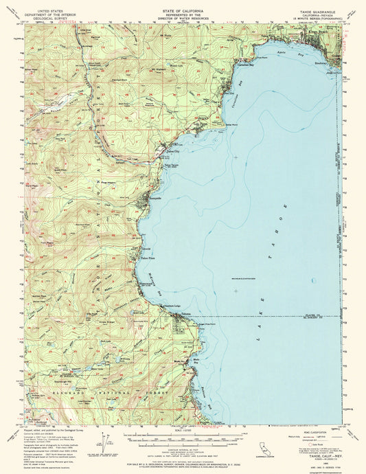 Topographical Map - Tahoe California Nevada Quad - USGS 1955 - 23 x 29.76 - Vintage Wall Art