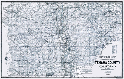 Historic County Map - Tehama CountyCalifornia - Metsker 1929 - 35.88 x 23 - Vintage Wall Art