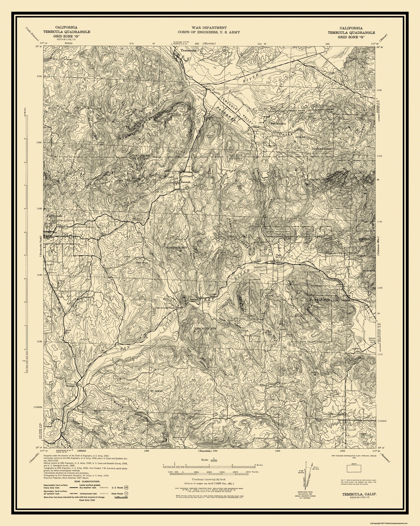 Topographical Map - Temecula California Quad - USGS 1942 - 23 x 28.81 - Vintage Wall Art