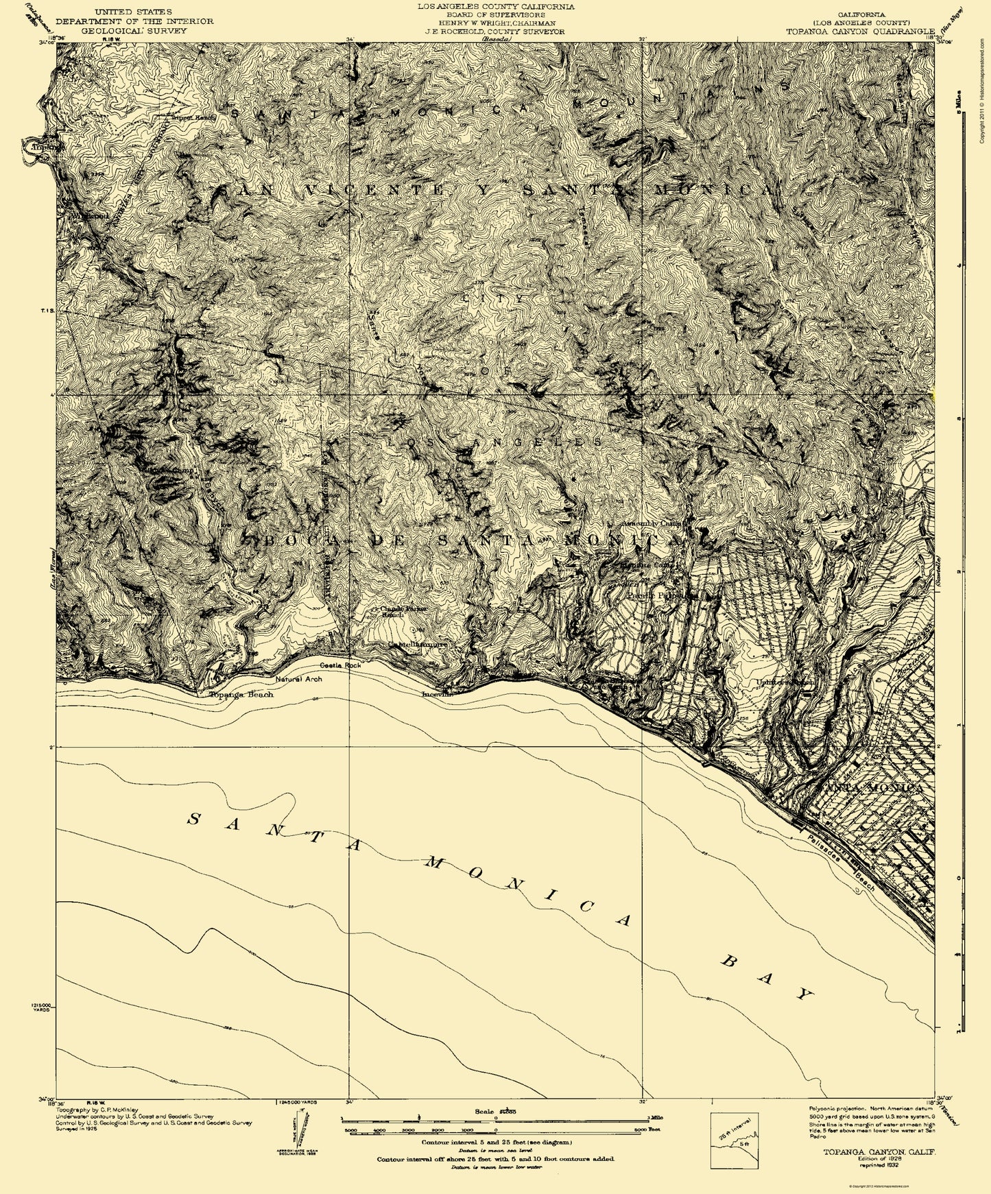 Topographical Map - Topanga Canyon California Quad - USGS 1926 - 23 x 27.72 - Vintage Wall Art