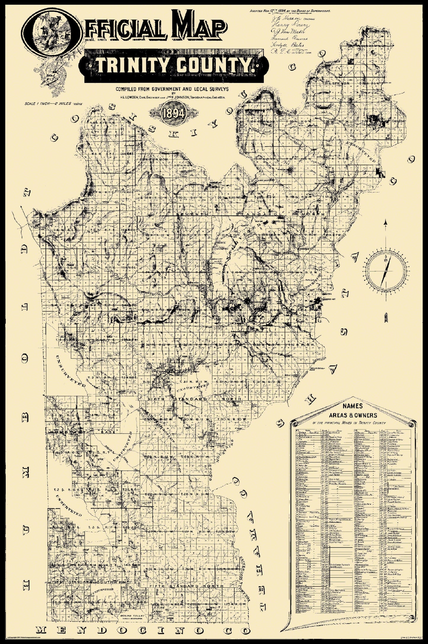 Historic County Map - Trinity County California - Lowden 1894 - 23 x 34.56 - Vintage Wall Art