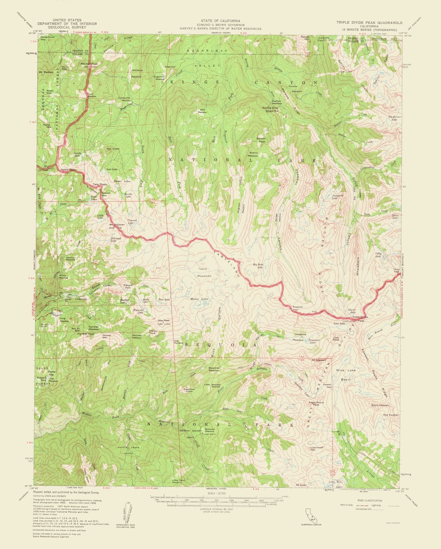 Topographical Map - Triple Divide Peak California Quad - USGS 1956 - 23 x 28.62 - Vintage Wall Art