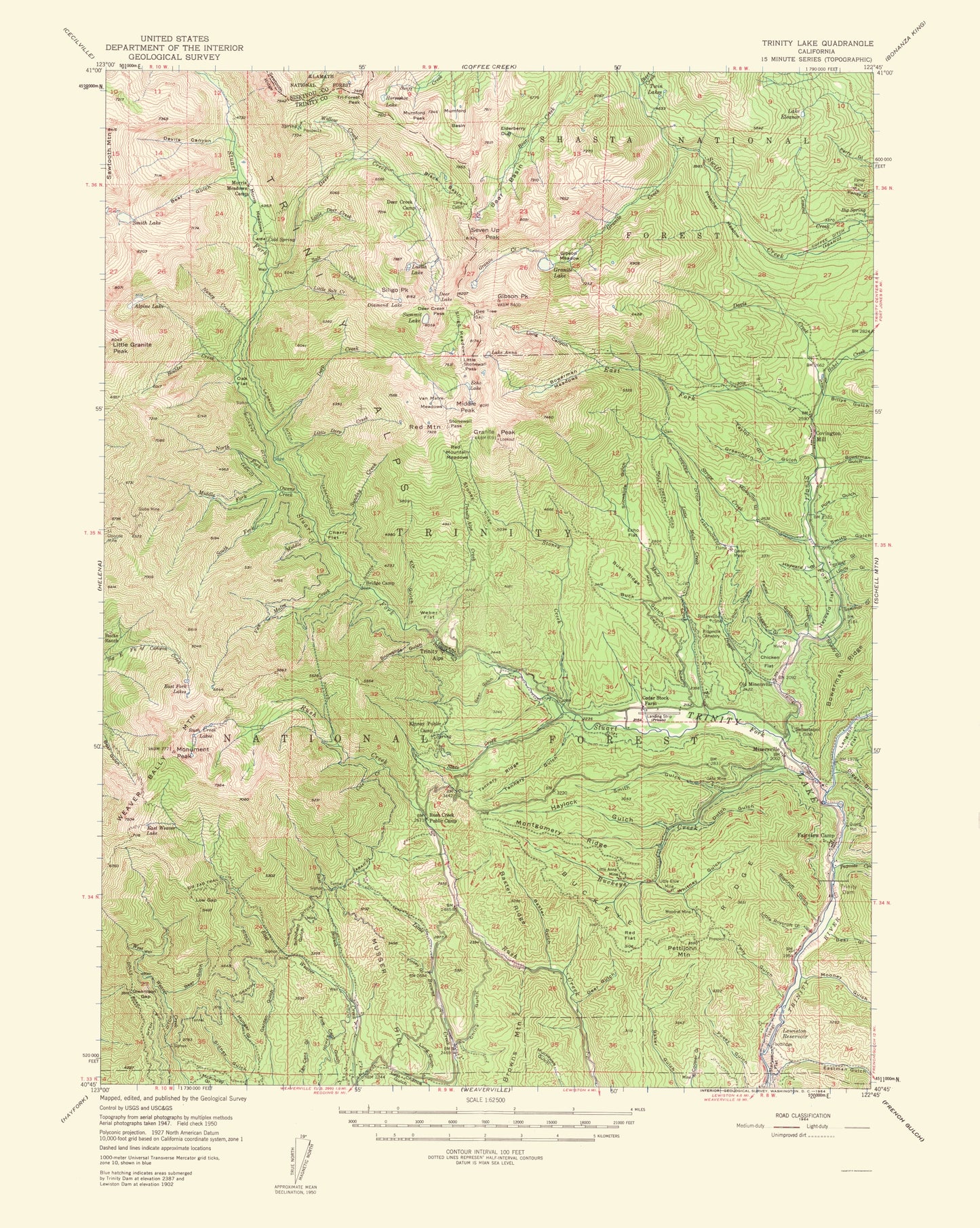 Topographical Map - Trinity Lake California Quad - USGS 1956 - 23 x 28.82 - Vintage Wall Art