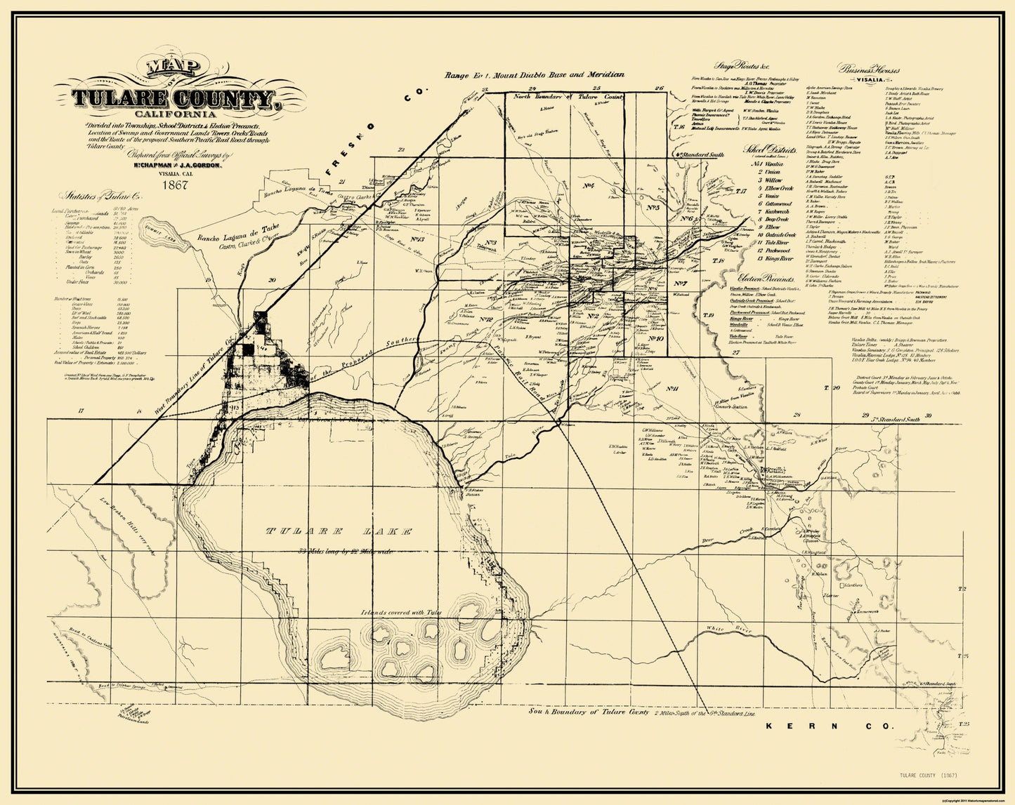 Historic County Map - Tulare County California - Chapman 1867 - 29 x 23 - Vintage Wall Art