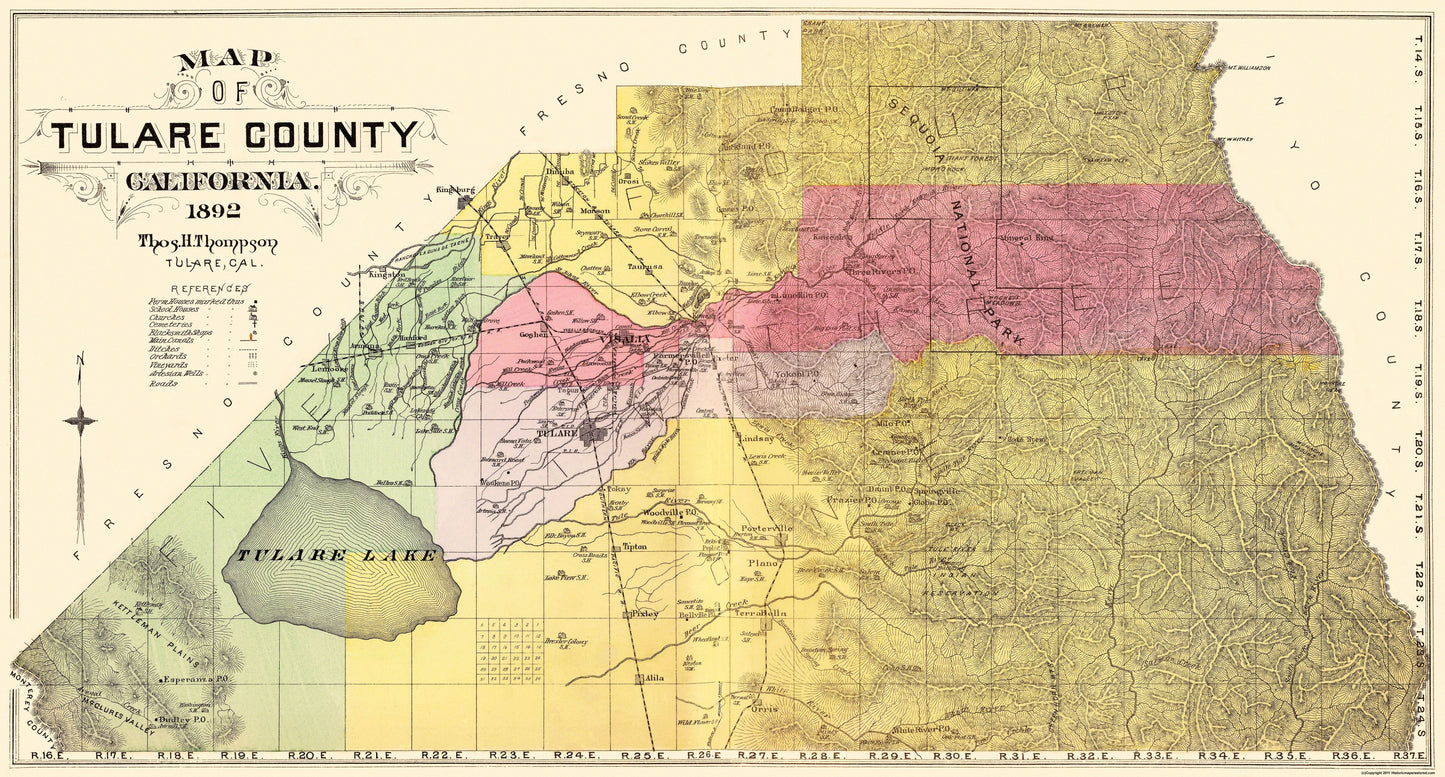 Historic County Map - Tulare County California - Thompson 1892 - 42.75 x 23 - Vintage Wall Art