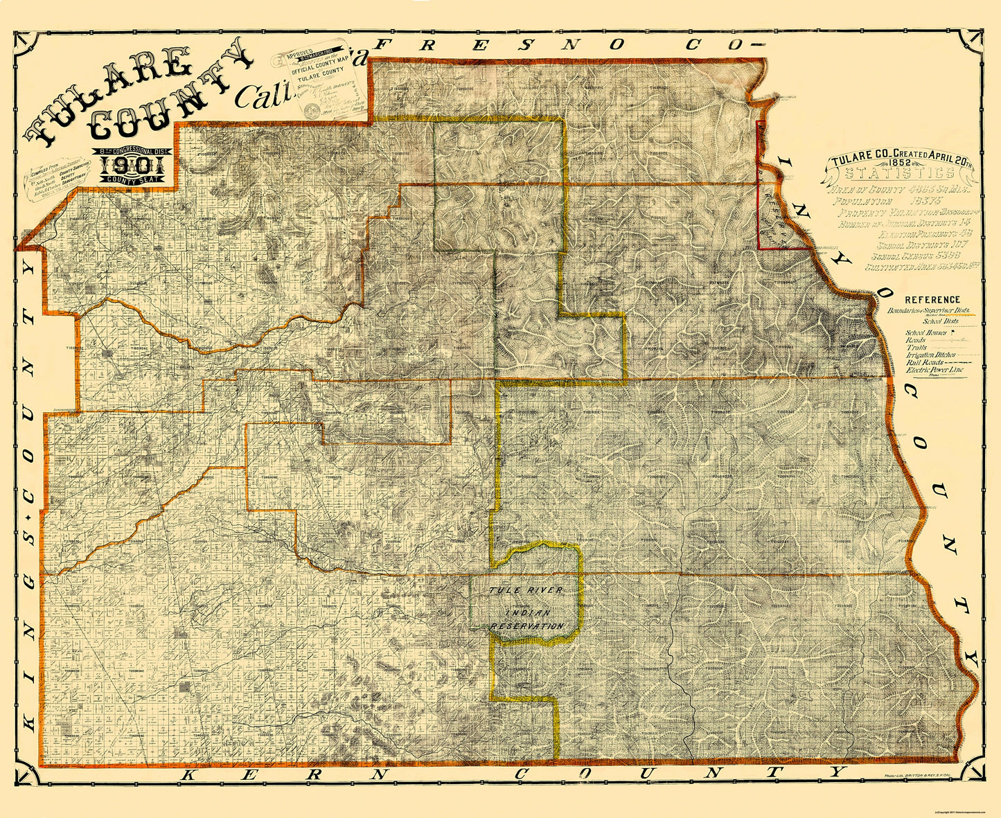 Historic County Map - Tulare County California - Britton 1901 - 28.13 x 23 - Vintage Wall Art