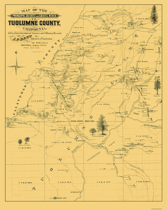 Historic County Map - Tuolumne County California - Dart 1878 - 23 x 28.88 - Vintage Wall Art