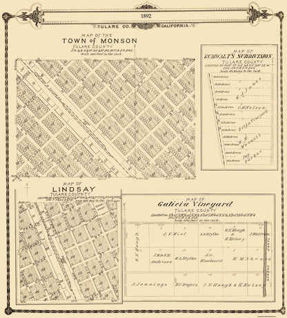 Historic City Map - Lindsay Monson California - Thomas 1892 - 23 x 25.44 - Vintage Wall Art