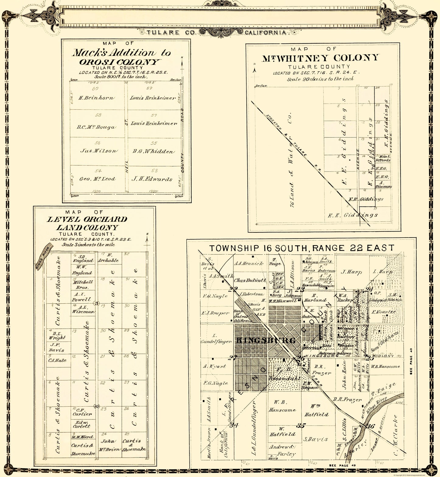 Historic County Map - Tulare County Colonies California - Thomas 1892 - 23 x 24.94 - Vintage Wall Art