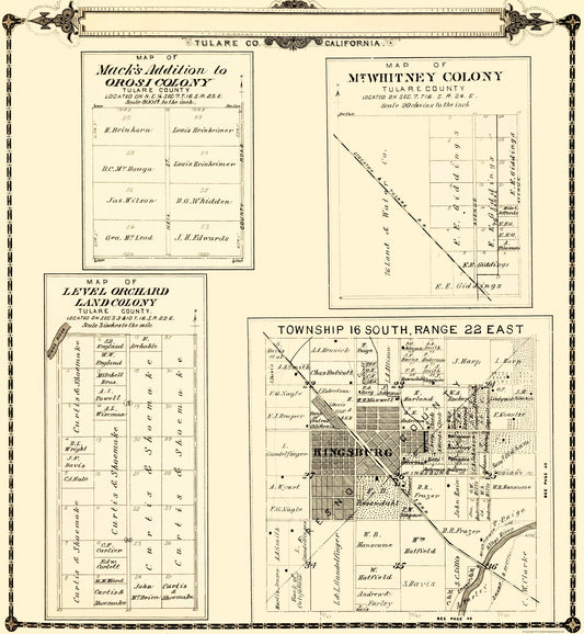 Historic County Map - Tulare County Colonies California - Thomas 1892 - 23 x 24.94 - Vintage Wall Art