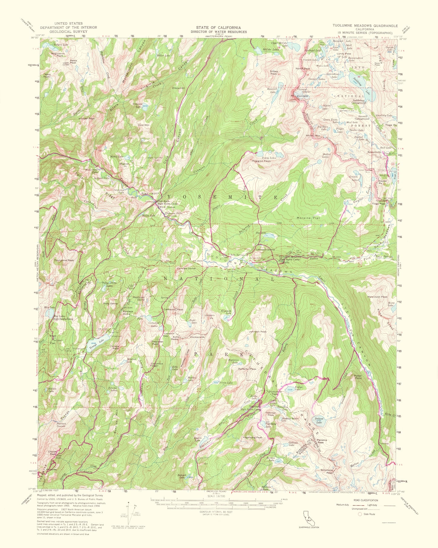 Topographical Map - Tuolumne Meadows California Quad - USGS 1956 - 23 x 28.73 - Vintage Wall Art