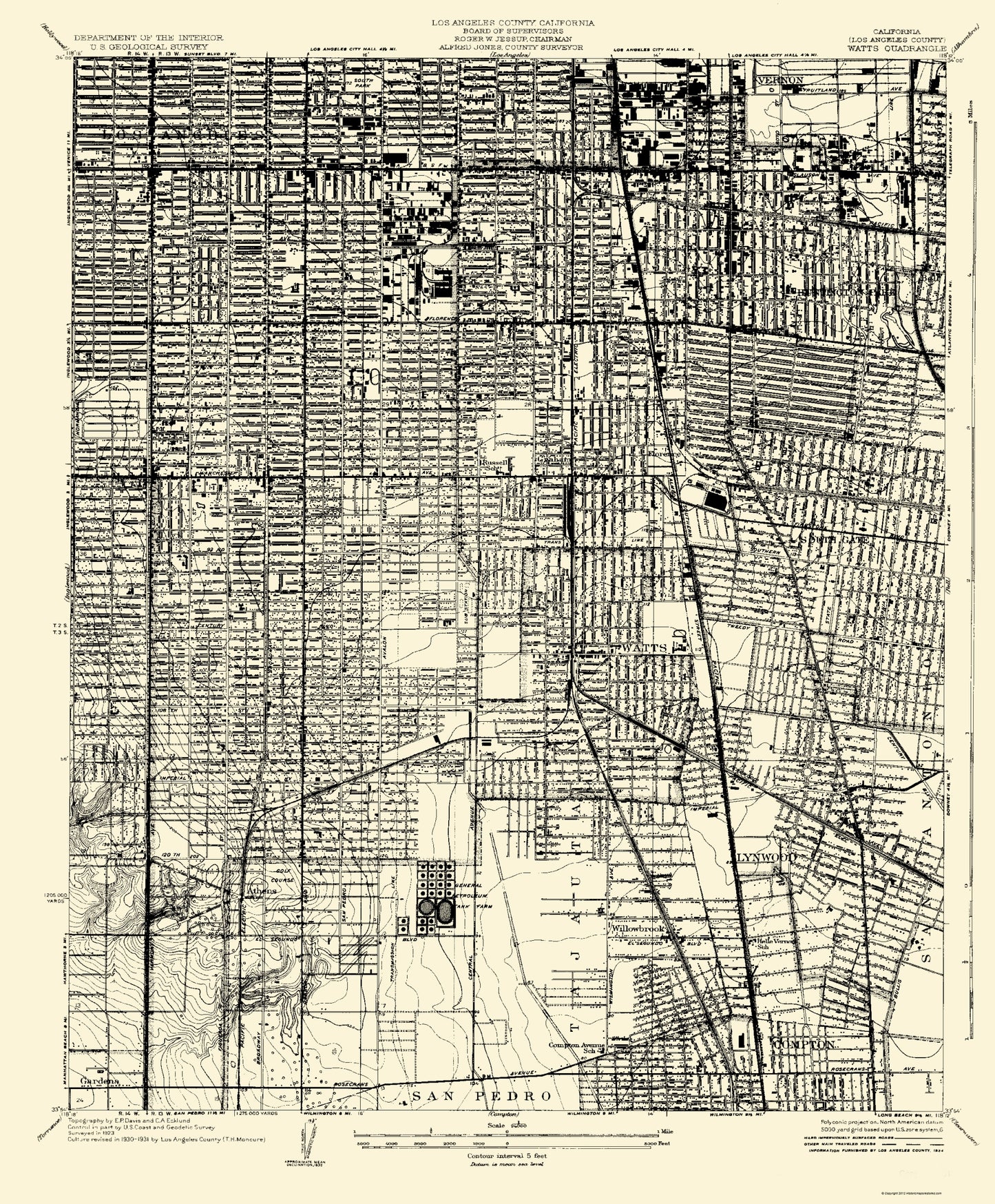 Topographical Map - Watts California Quad - USGS 1934 - 23 x 27.82 - Vintage Wall Art