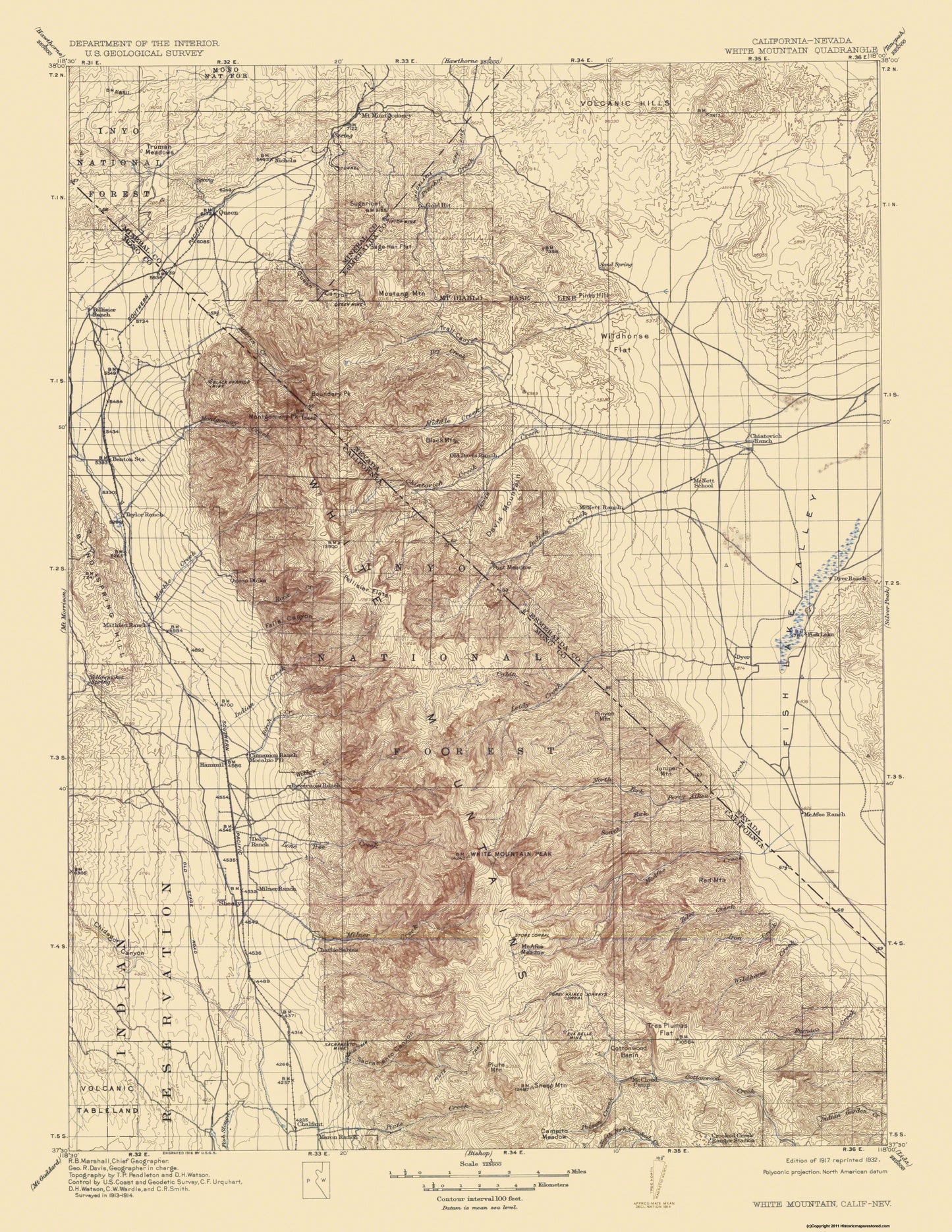 Topographical Map - White Mountain California Nevada Quad - USGS 1917 - 23 x 29.75 - Vintage Wall Art