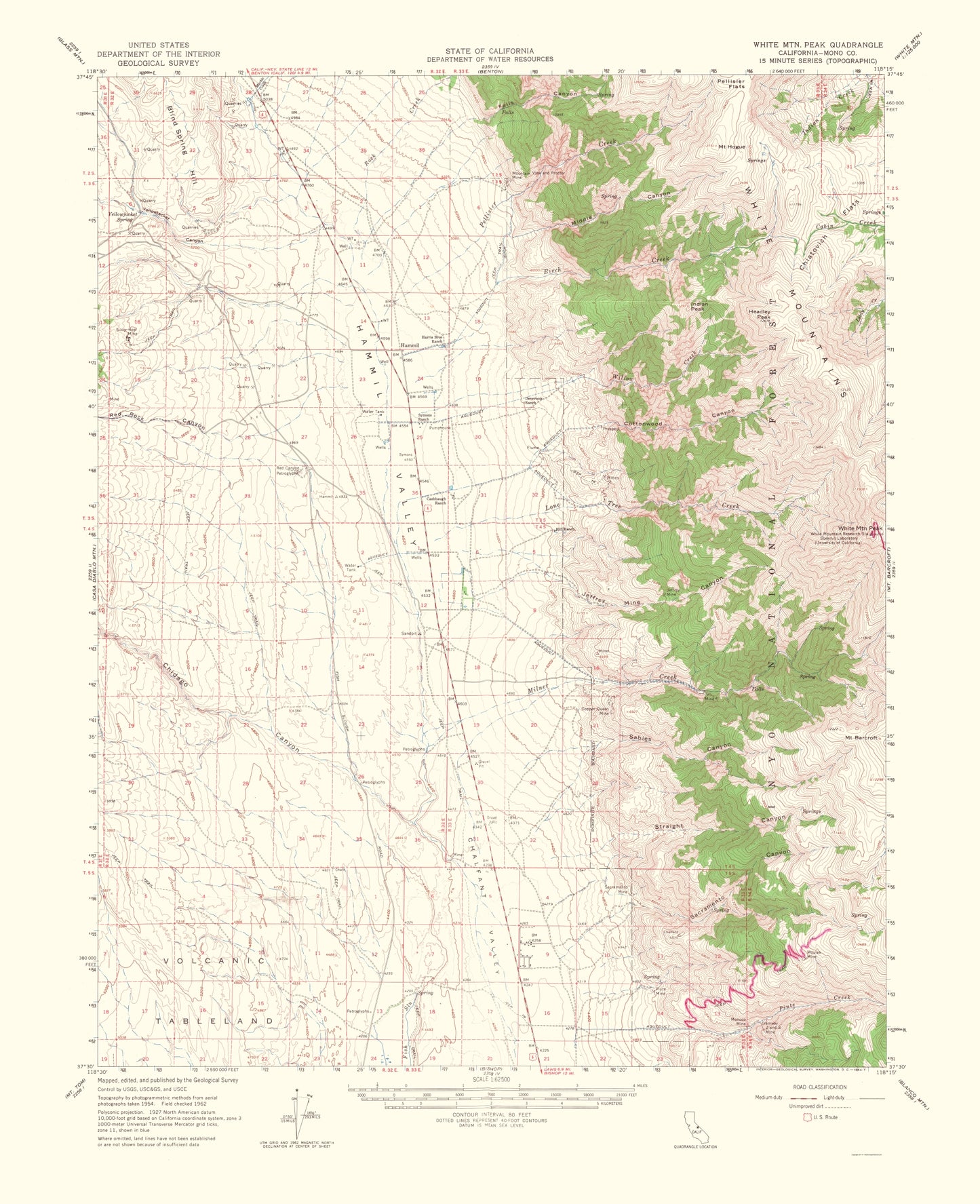 Topographical Map - White Mountain Peak California Quad - USGS 1956 - 23 x 28.26 - Vintage Wall Art