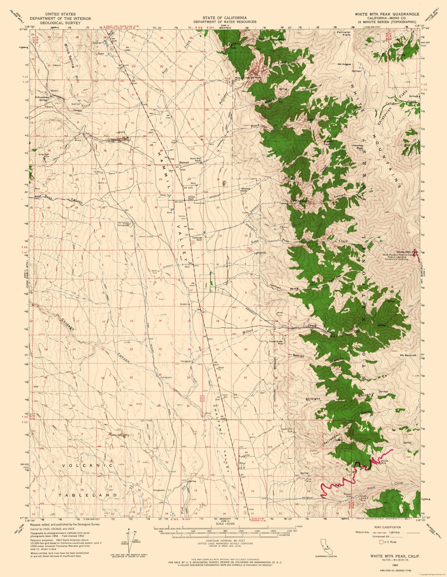 Topographical Map - White Mountain Peak California Quad - USGS 1962 - 23 x 29.71 - Vintage Wall Art