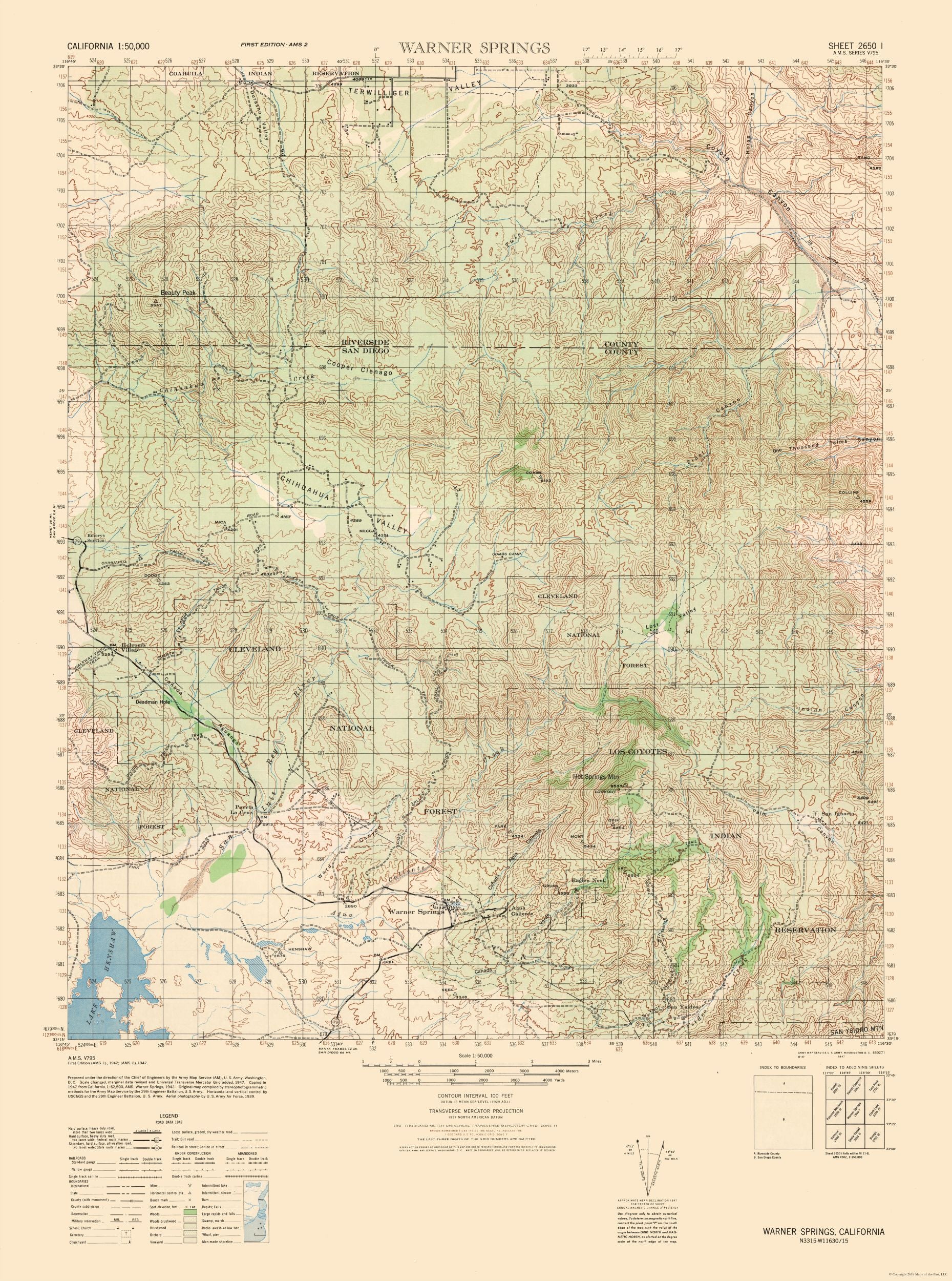 Caws Map Topographical Map - Warner Springs Sheet - US Army 1942 - 23 x 30.93 ...