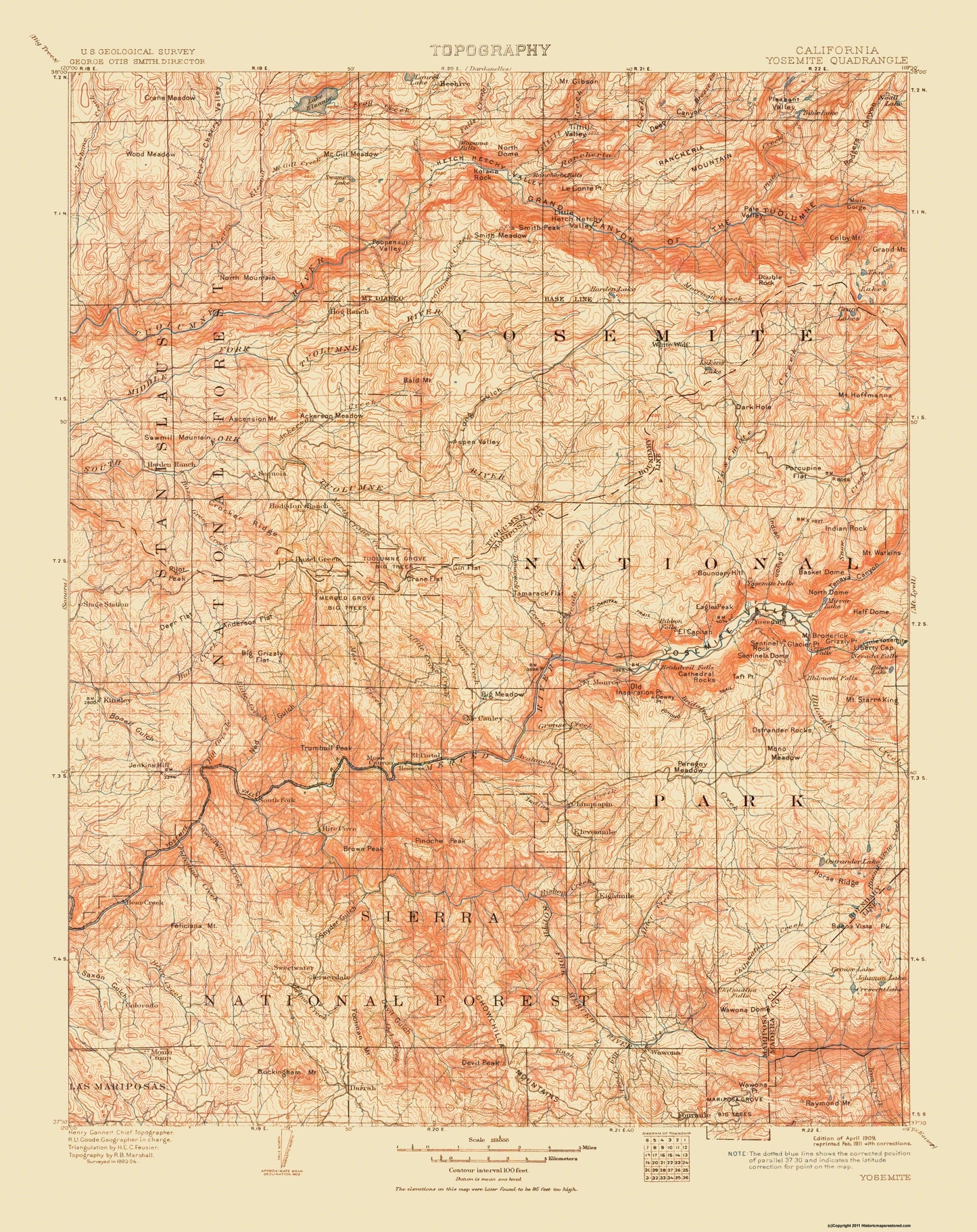 Topographical Map - Yosemite California Quad - USGS 1911 - 23 x 29 - Vintage Wall Art