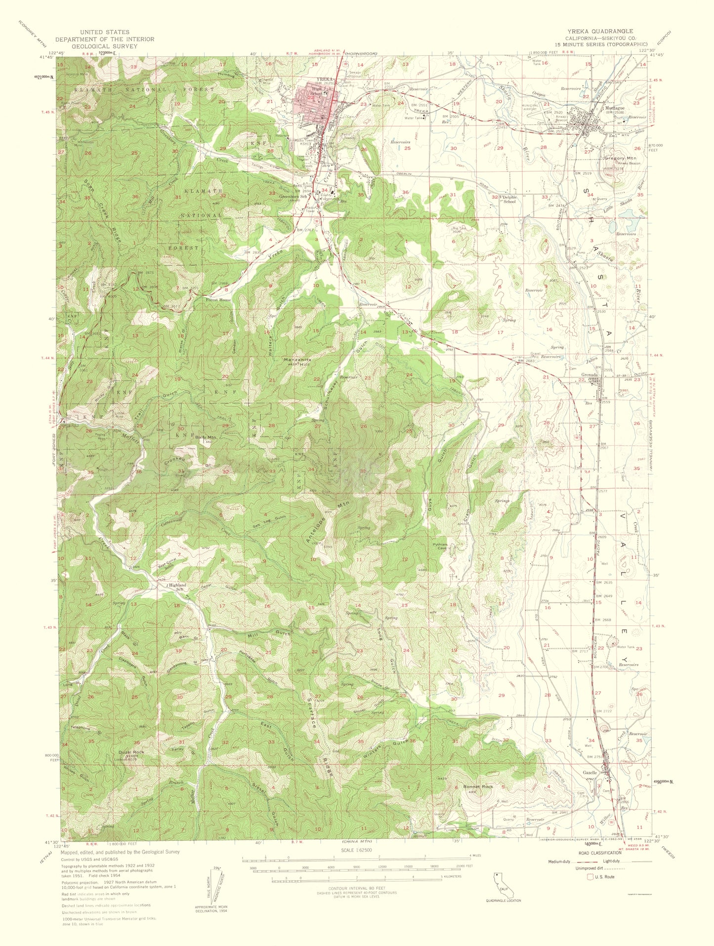 Topographical Map - Yreka California Quad - USGS 1956 - 23 x 30.48 - Vintage Wall Art