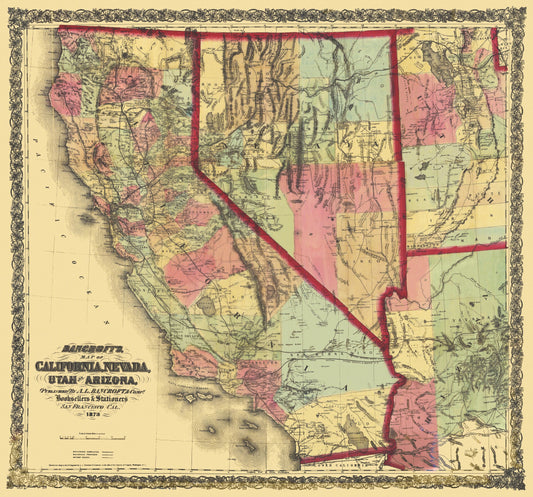 Historic State Map - California Nevada Utah Arizona - Bancroft 1873 - 23 x 24.64 - Vintage Wall Art