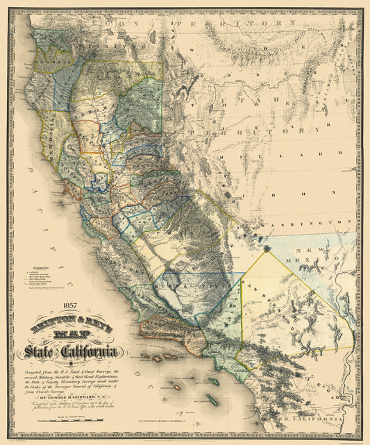 Historic State Map - California - Goddard 1857 - 23 x 27.69 - Vintage Wall Art