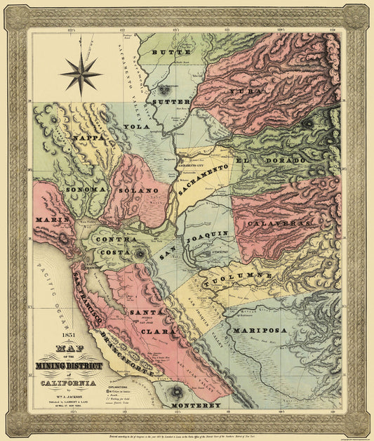 Historic Mine Map - California Mining District - Jackson 1851 - 23 x 27.13 - Vintage Wall Art