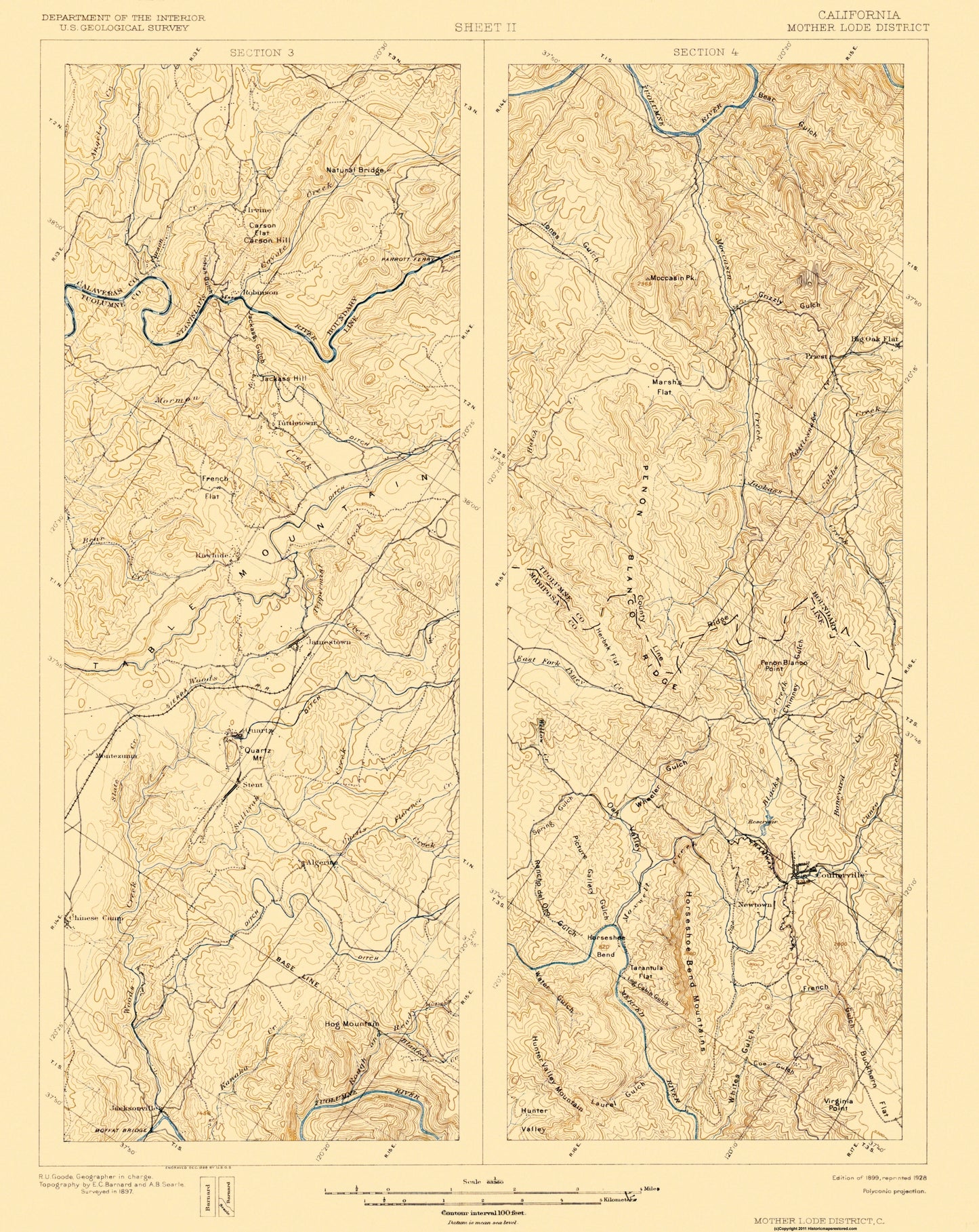 Topographical Map - Mother Lode District California 1 of 2 Sheet - USGS 1899 - 23 x 28.94 - Vintage Wall Art