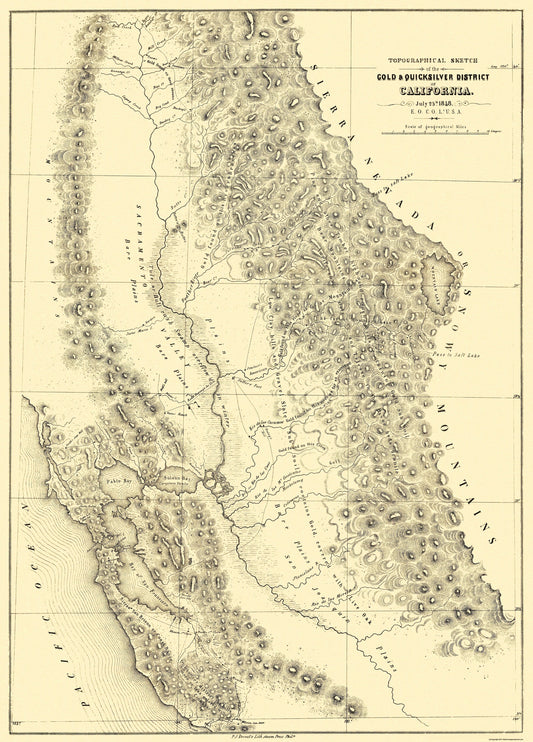 Historic Mine Map - California Gold Quicksilver District - Ord 1848 - 23 x 32 - Vintage Wall Art