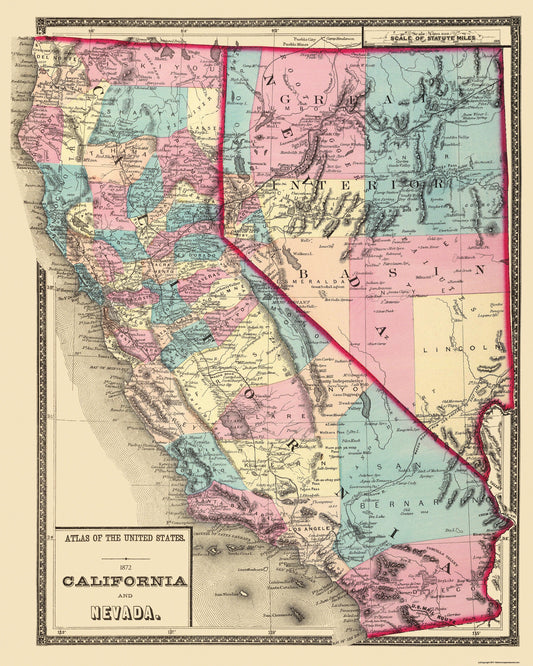 Historic State Map - California Nevada - 1872 - 23 x 28.75 - Vintage Wall Art