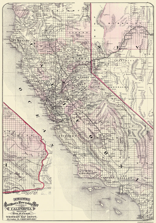 Historic State Map - California - Cram 1875 - 23 x 32.81 - Vintage Wall Art