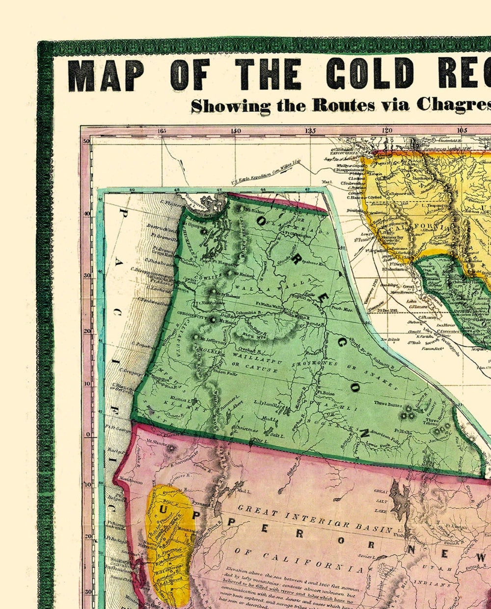 Historic Mine Map - California Gold Regions - Thayer 1849 - 23 x 28.56 - Vintage Wall Art