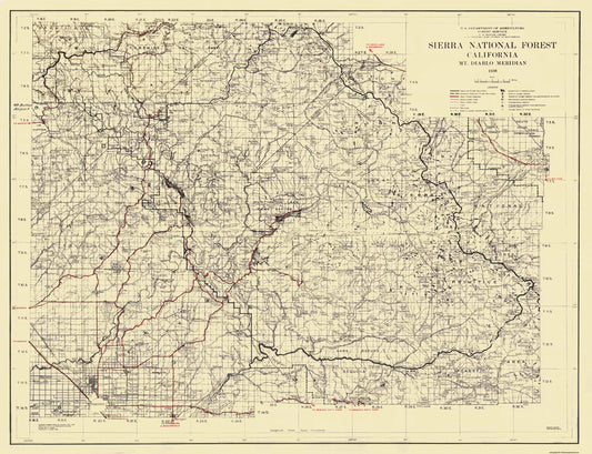 Historic State Map - Sierra National Forest California - USFS 1938 - 30 x 23 - Vintage Wall Art