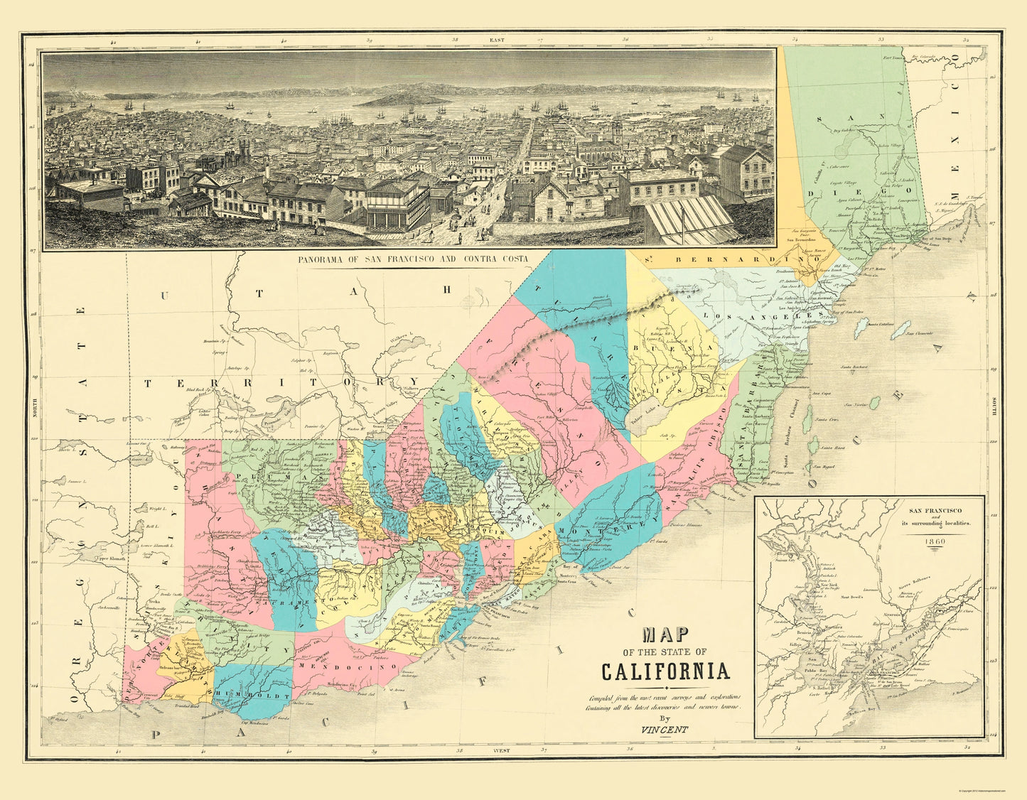 Historic State Map - California - Vincent 1860 - 23 x 29.51 - Vintage Wall Art