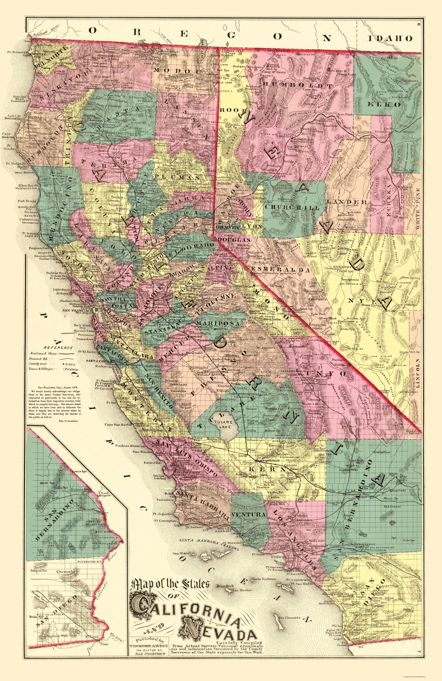 Historic State Map - California Nevada - Thompson 1877 - 23 x 35.43 - Vintage Wall Art