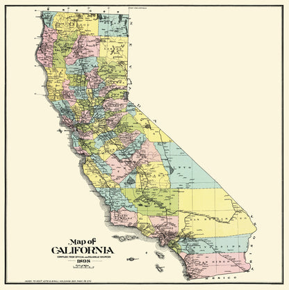 Historic State Map - California - Thompson 1898 - 23 x 23.07 - Vintage Wall Art