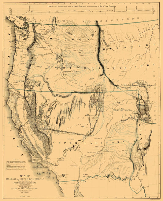 Historic State Map - Oregon Upper California Territories - Preuss 1848 - 23 x 28.50 - Vintage Wall Art