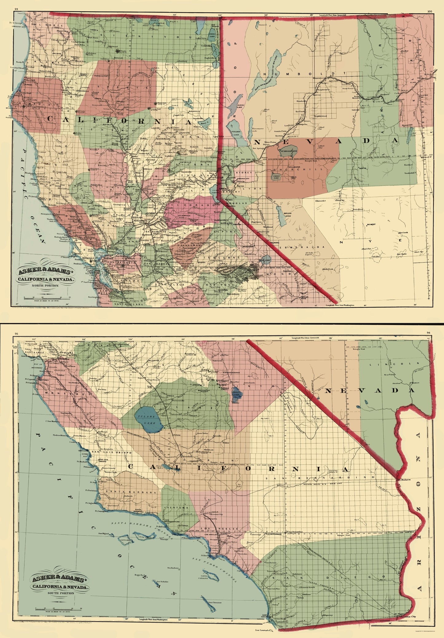 Historic State Map - California Nevada - Asher 1874 - 23 x 33.03 - Vintage Wall Art