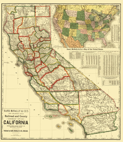 Railroad Map - California Railroads 1883 - 23 x 26 - Vintage Wall Art