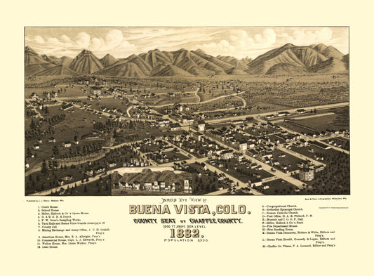 Historic Panoramic View - Buena Vista Colorado - Stoner 1882 - 23 x 31.20 - Vintage Wall Art