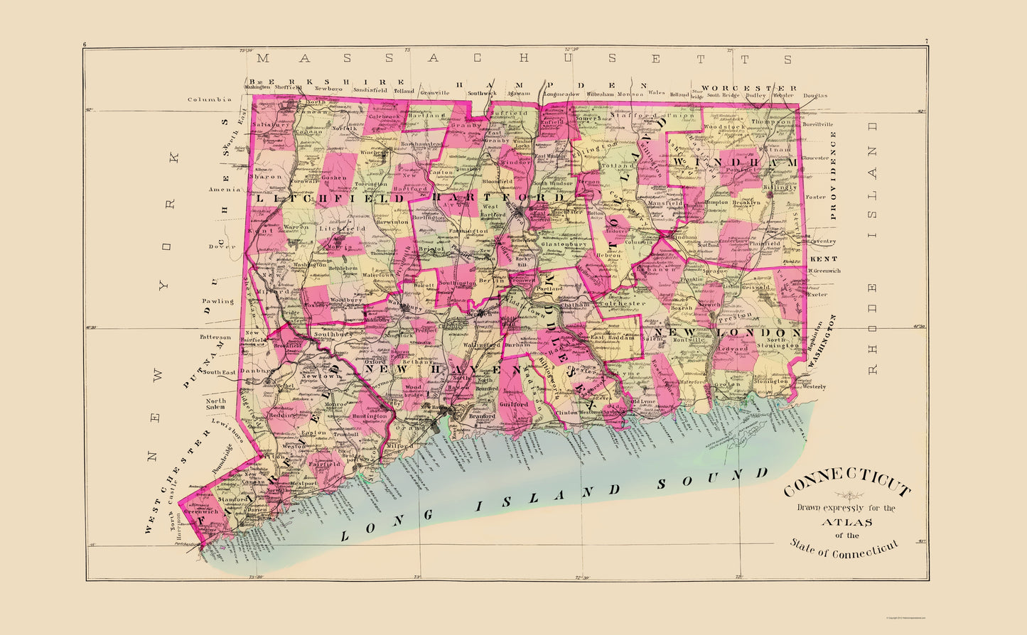 Historic State Map - Connecticut - Hurd 1893 - 23 x 37.16 - Vintage Wall Art