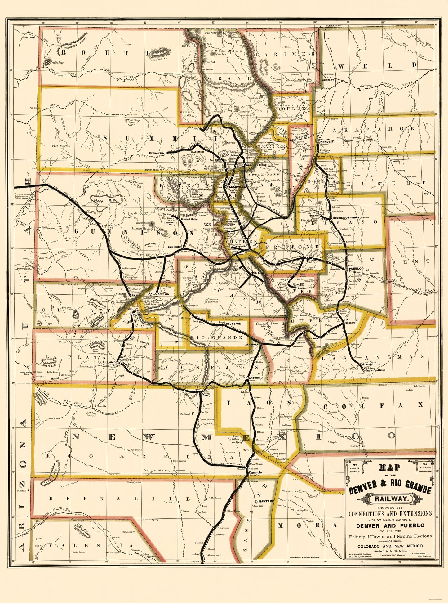 Railroad Map - Denver and Rio Grande Railway - Rand McNally 1872 - 23 x 30 - Vintage Wall Art