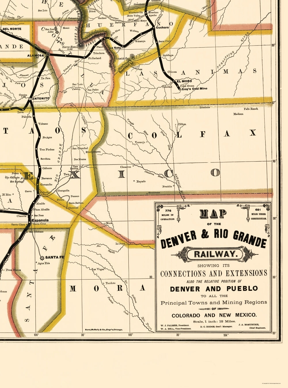 Railroad Map - Denver and Rio Grande Railway - Rand McNally 1872 - 23 x 30 - Vintage Wall Art