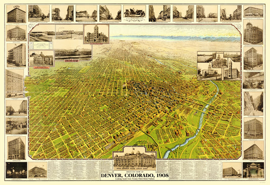 Historic Panoramic View - Denver Colorado - 1908 - 23 x 33.46 - Vintage Wall Art