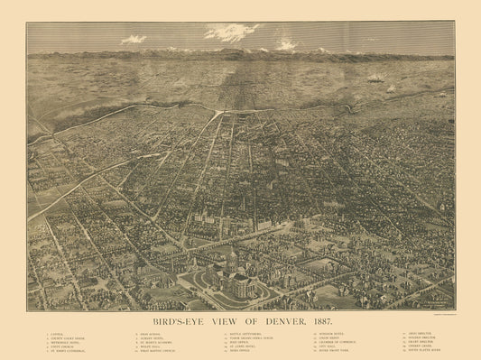 Historic Panoramic View - Denver Colorado - Mills 1887 - 23 x 30.77 - Vintage Wall Art