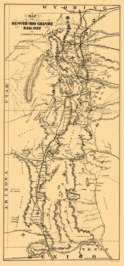 Railroad Map - Denver and Rio Grande Railway - Mota 1873 - 23 x 49.16 - Vintage Wall Art