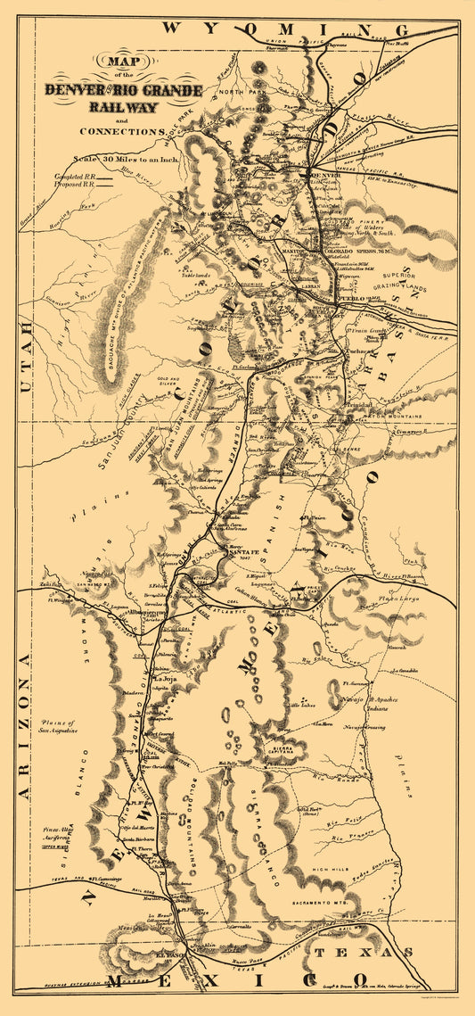 Railroad Map - Denver and Rio Grande Railway - Mota 1873 - 23 x 49.16 - Vintage Wall Art