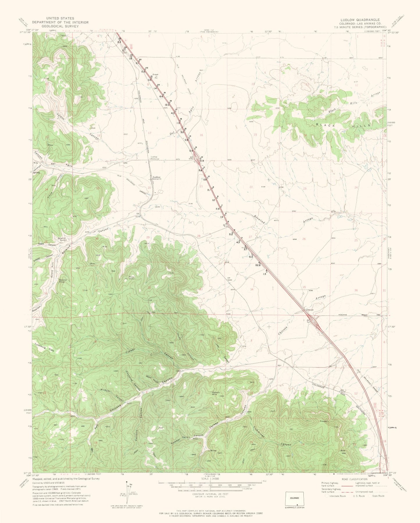 Topographical Map - Ludlow Colorado Quad - USGS 1971 - 23 x 28.63 - Vintage Wall Art